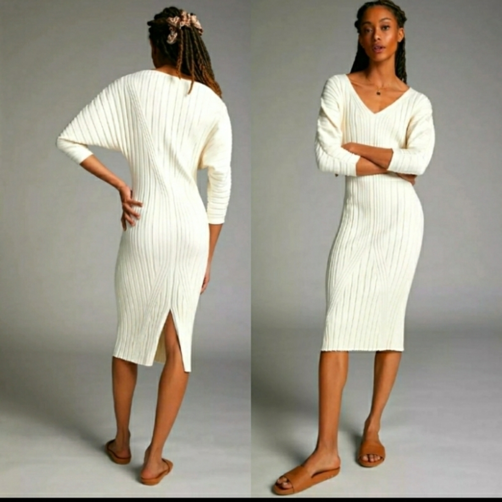 NWOT Maeve Anthropologie Ivory Maris Ribbed Sweater Midi Dress